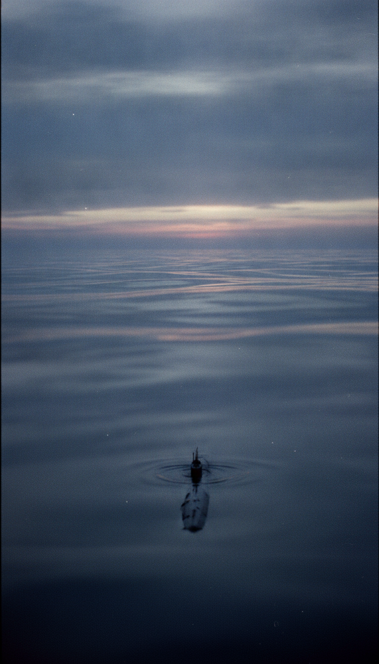 SHOT 6 — Финал (всплытие)
Underwater view rising toward a calm ocean surface at dawn, soft light breaking through the water, serene and vast, a
quiet contrast after chaos, palette shifting to cold dawn blue. The camera slowly rises from underwater and breaks
through to the calm ocean surface in serene slow motion. 1962 Cold War submarine thriller, cinematic film still, shot
on 35mm Kodak, heavy film grain, cinematic lighting, muted desaturated palette, anamorphic framing, photorealistic,
vertical 9:16, ultra-detailed