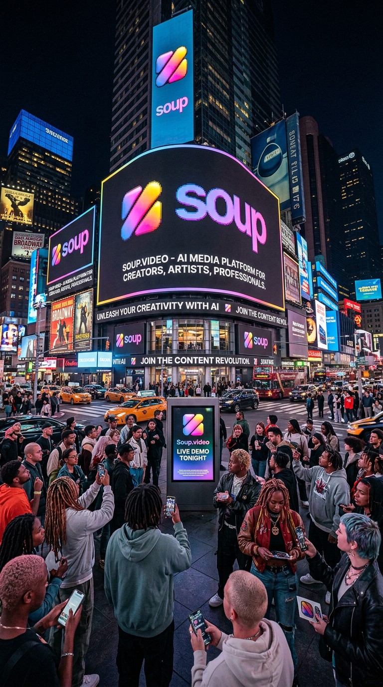 Use the brand logo image attached for soup.video brand - an AI media platform for content creators, artists, media professionals; with poster displayed in times square big screens at night time with mixed modern genz crowd;