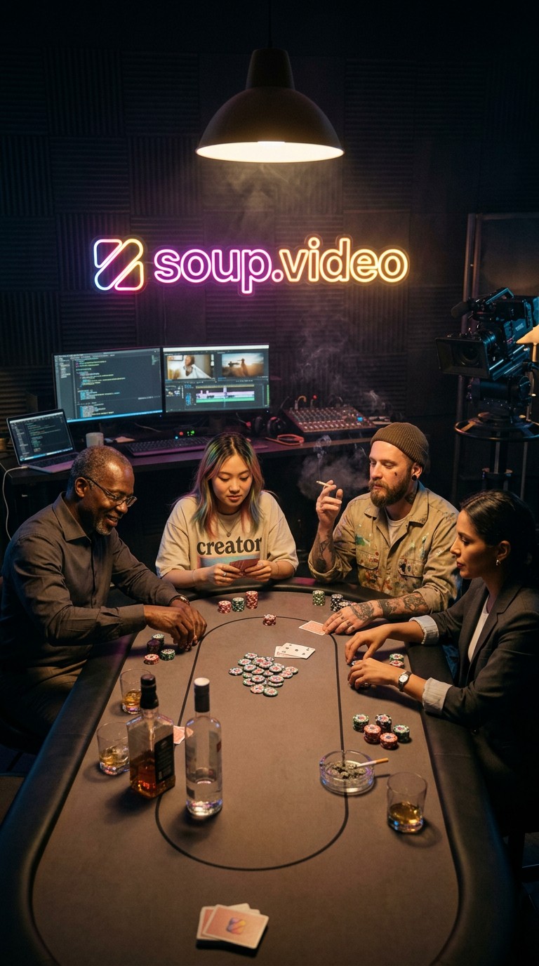 use the brand logo for soup.video - an AI media generation platform - on the wall of a dark studio room - there are computers, laptop, camera stand and 4 people playing poker on a table with ciggarettes, booze, cards, chips on it. the people are content creator, artist, producer, dressed differently, different enthicities; it feels they are tired after work and havign a fun time.
the coin chips have icon of attached image; cinematic style, rendering, good wide angle,