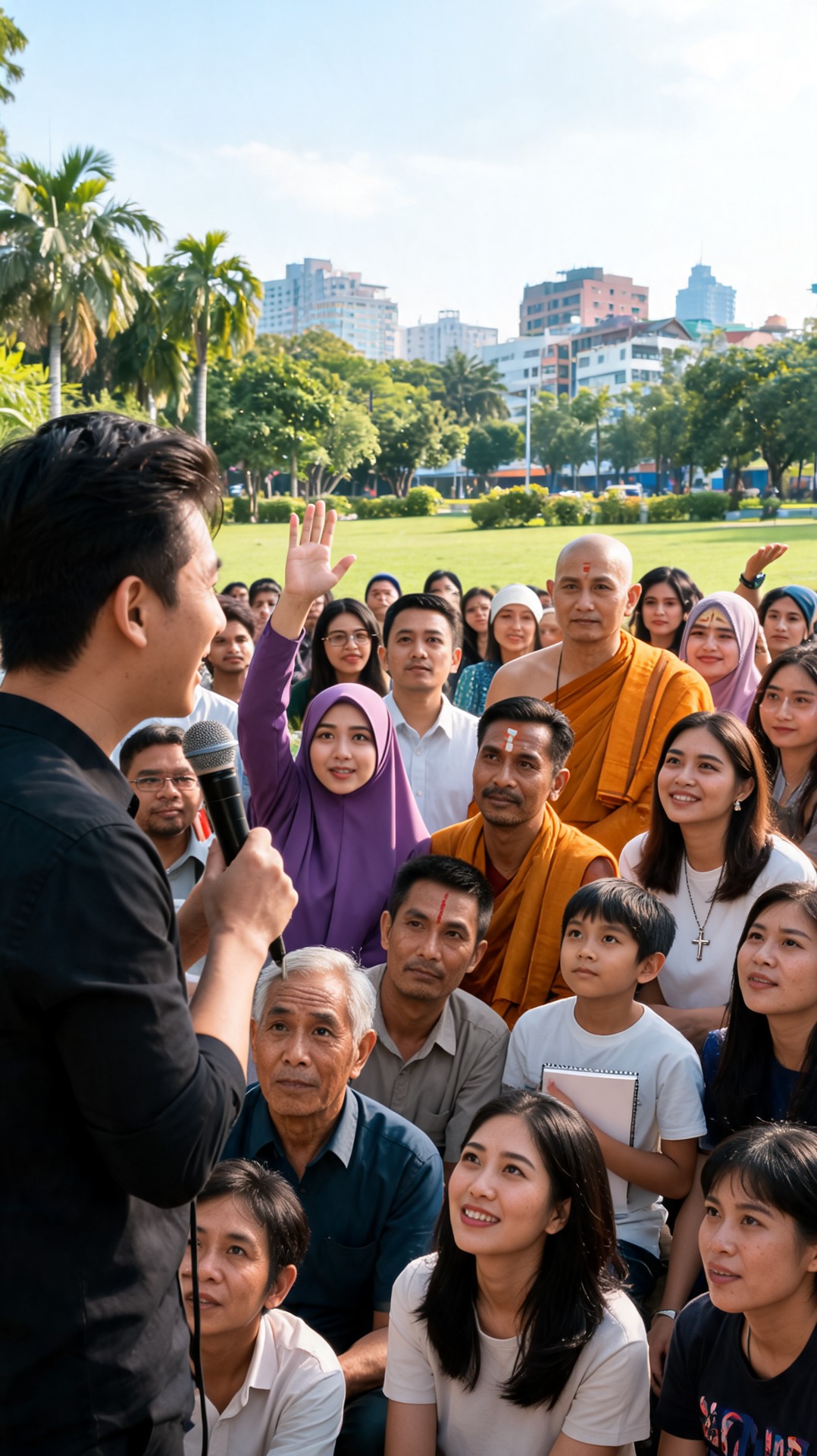 I want to make a video where i’m speaking to a large crowd of people of all different religions and ethnicities. And i’m speaking to them about the Love of God and Gods Righteousness and they are all interestede,motivated and inspired and are also asking questions. The setting would be near a grass area in a medium sized city in Southeast Asia.