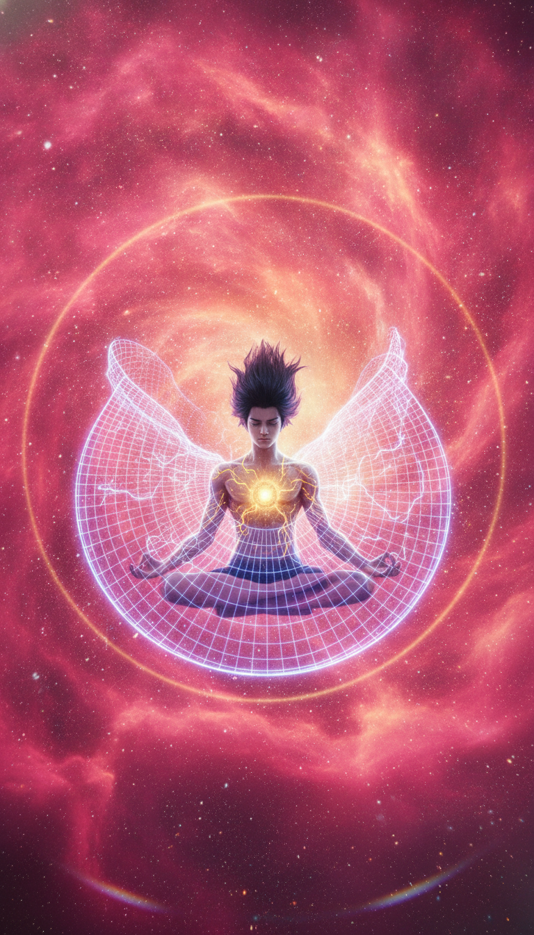 A cinematic, hyper-detailed video masterpiece of young Yang Kai from Martial Peak hovering in a cross-legged meditative stance. His dark hair floats upward against gravity. He is surrounded by a vibrant, glowing 3D quantum grid of neon purple and electric cyan light waves that warp, bend, and pull tightly toward his body. A brilliant golden Qi core ignites in his chest, sending glowing golden veins across his skin. Liquid-gold energy ripples outward, creating a dramatic gravitational lens effect that physically distorts the background. The environment is an endless cosmic void layered with a swirling vortex of psychedelic hot pink and burning orange nebula gas clouds. Millions of shimmering subatomic particles vibrate rapidly and flow in a perfectly seamless, fluid, infinite looping motion. Ultra-vivid contrast, max color saturation, 8k resolution.