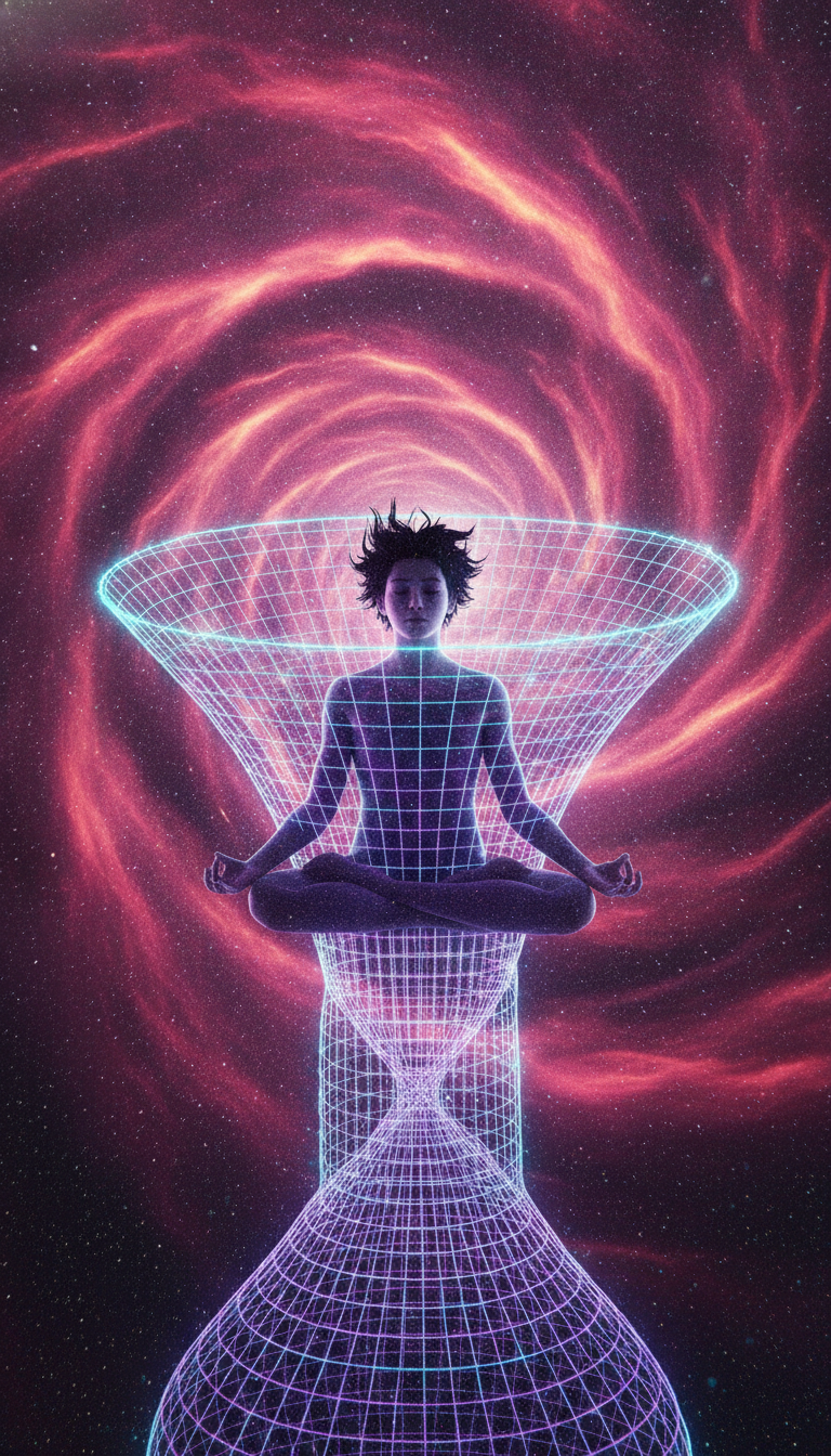 A cinematic, hyper-detailed video masterpiece of young being from a different dimension hovering in a cross-legged meditative stance. His dark hair floats upward against gravity. He is surrounded by a vibrant, glowing 3D quantum grid of neon purple and electric cyan light waves that warp, bend, and pull tightly toward his body. a dramatic gravitational lens effect that physically distorts the background. The environment is an endless cosmic void layered with a swirling vortex of psychedelic hot pink and burning orange nebula gas clouds. Millions of shimmering subatomic particles vibrate rapidly and flow in a perfectly seamless, fluid, infinite looping motion. Ultra-vivid contrast, max color saturation, 8k resolution.
