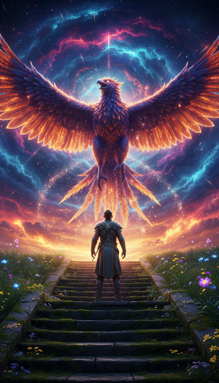 A cinematic, hyper-detailed video masterpiece of a solitary warrior standing on an ancient stone staircase, looking up in awe. Flying before him is a colossal celestial griffin phoenix creature with massive, razor-sharp iridescent feathers that shimmer with stardust. The entire scene is bathed in an intense, high-contrast psychedelic sky filled with a swirling vortex of deep indigo space, electric violet nebulae, and burning neon orange firestorms. Lush green grass and vivid purple, blue, and yellow wildflowers line the stone path, glowing under the cosmic light leaks. The celestial clouds, embers, and cosmic dust swirl smoothly in a perfectly seamless, fluid, infinite looping motion. Ultra-vivid contrast, sharp textures, maximum color saturation, 8k resolution.